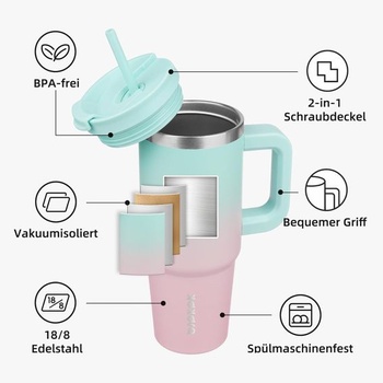 BJPKPK 900ml termohrnek z nerezové oceli s uchem, víčkem a 2 brčky – opakovaně použitelný