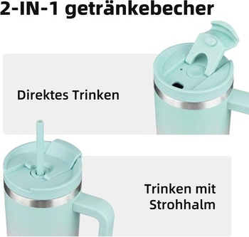 BJPKPK 900ml termohrnek z nerezové oceli s uchem, víčkem a 2 brčky – opakovaně použitelný