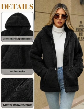 Dámsky útulný nadýchaný teplý sveter s kapucňou Yuson Girl Teddy Bunda, veľkosť L, čierna
