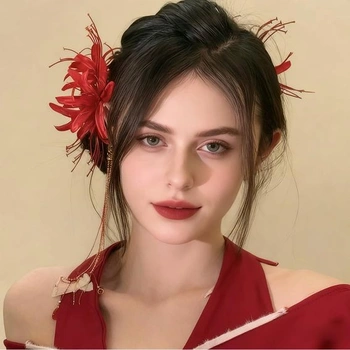 Sponka do vlasů s květem červené lilie pavoučí pro ženy, Lycoris radiata, sponka do vlasů s kachním