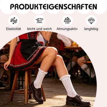4 páry tradičných dámskych ponožiek, biele dirndl ponožky s volánikmi, priedušné sieťované ponožky na