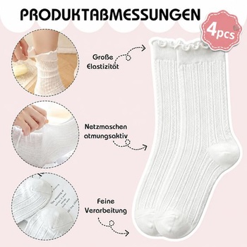 4 páry tradičných dámskych ponožiek, biele dirndl ponožky s volánikmi, priedušné sieťované ponožky na