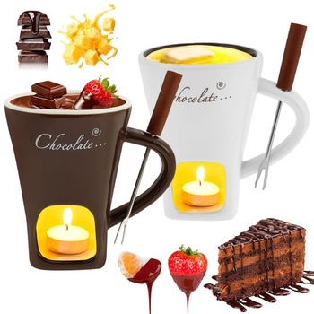 Sada 2 čokoládových fondue košíčkov, keramická sada na čokoládové fondue s vidličkou, čokoládové