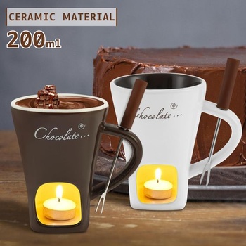 Sada 2 čokoládových fondue košíčků, keramická sada na čokoládové fondue s vidličkou, čokoládové