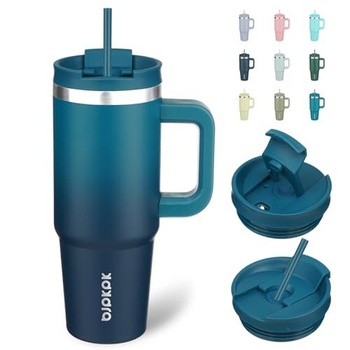 BJPKPK 900ml izolovaný hrnek z nerezové oceli s uchem, víčkem a brčkem, indigo černá 900ml