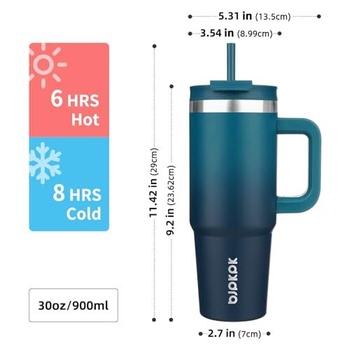 BJPKPK 900ml izolovaný hrnek z nerezové oceli s uchem, víčkem a brčkem, indigo černá 900ml