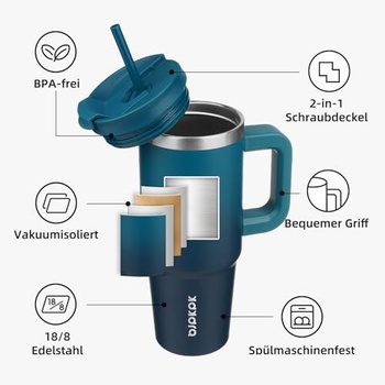 BJPKPK 900ml izolovaný hrnek z nerezové oceli s uchem, víčkem a brčkem, indigo černá 900ml