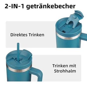 BJPKPK 900ml izolovaný hrnek z nerezové oceli s uchem, víčkem a brčkem, indigo černá 900ml