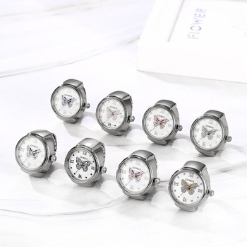 Hodinky JewelryWe Ring, elastický dizajn s motýľom - Dámske analógové quartzové hodinky na prst s