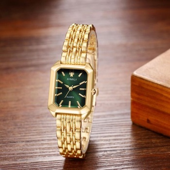 OIDEA Dámske štvorcové zlaté náramkové hodinky: Vintage elegantný ružovo-zeleno-čierny ciferník s