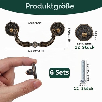 SUPERFINDINGS 6dílné úchytky na zásuvky v antickém bronzu, rozteč otvorů 94 mm, vintage úchytky na