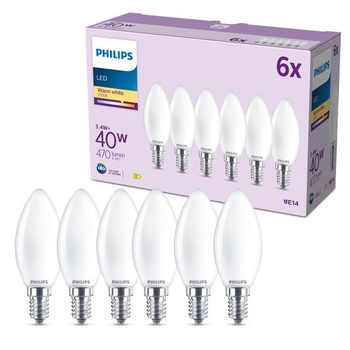LED žiarovky Philips, balenie 6 ks, B35, E14, 470 lúmenov, 40 W, sviečkový dizajn, dlhá životnosť,