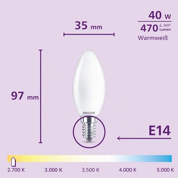 LED žiarovky Philips, balenie 6 ks, B35, E14, 470 lúmenov, 40 W, sviečkový dizajn, dlhá životnosť,