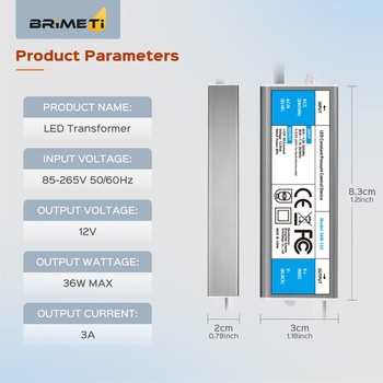 BRIMETI LED transformátor 12V 36W vodotesný IP67 LED Driver napájací zdroj 3A so zástrčkou spínaný