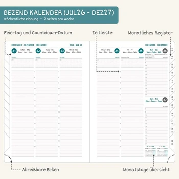 BEZEND Kalendář 2026 2027 Knižní kalendář 1 týden 2 strany A4 (28,5 x 22 cm) A4 28 x 22 cm 2026