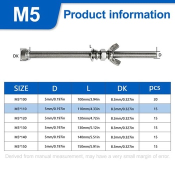 Skrutka s valcovou hlavou a vnútorným šesťhranom M5 x 110 mm, 15 kusov, skrutka s plným závitom M5x110