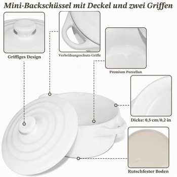Zapékací misky s poklicí, 284 ml, bílé porcelánové zapékací misky, keramické misky na suflé