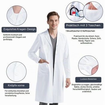 Biely laboratórny plášť, lekársky plášť pre ženy a mužov, biely laboratórny plášť, chemický plášť,