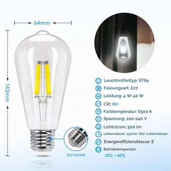 Aigostar E27 LED žiarovka s vláknom 4W (nahrádza 40W), studená biela 6500K, 470 lúmenov, ST64 LED