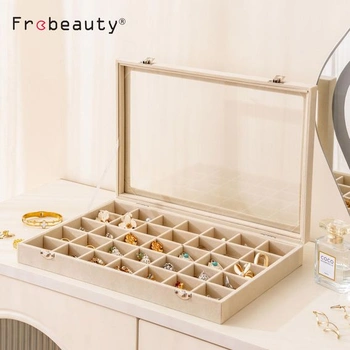 Veľký organizér na šperky Frebeauty s 35 priehradkami a skleneným vekom, béžový, 35 mriežok