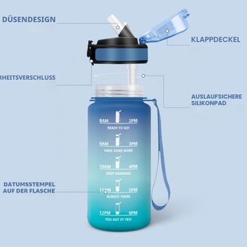 500ml nepriepustná fľaša na vodu, bez BPA, motivačná s časovačom, fľaša na vodu so slamkou, modrá a
