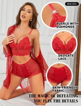RSLOVE Sexy spodná bielizeň pre ženy - čipkový župan s podprsenkou a nohavičkami XL červený