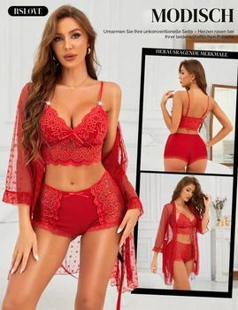 RSLOVE Sexy spodná bielizeň pre ženy - čipkový župan s podprsenkou a nohavičkami XL červený