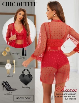 RSLOVE Sexy spodní prádlo pro ženy - krajkový župan s podprsenkou a kalhotkami XL červený