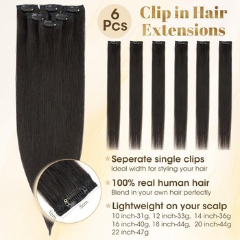 Rich Choices Clip-in prodloužení z pravých lidských vlasů 6 kusů 25 cm #1B černé neviditelné