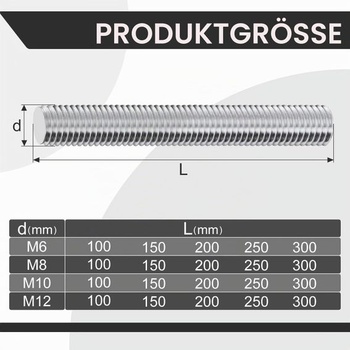 4 kusy závitovej tyče M12 x 150 mm z nerezovej ocele s plným závitom, závitové svorníky DIN 975,