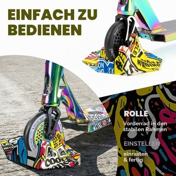 Stojan na freestyle kolobežku, prenosný stojan na kolobežku s kolieskami 95–125 mm, graffiti