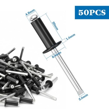 50 nitov s veľkou hlavou 4,8 x 20 mm - Hliníkové nity s veľkou hlavou, čierno lakované - S oceľovým