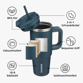 BJPKPK 1200ml izolovaný hrnek z nerezové oceli s uchem, víčkem a brčkem, tmavě modrý 1,2 l