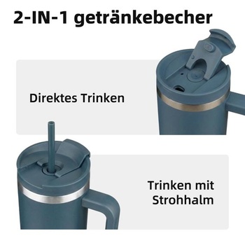 BJPKPK 1200ml izolovaný hrnek z nerezové oceli s uchem, víčkem a brčkem, tmavě modrý 1,2 l