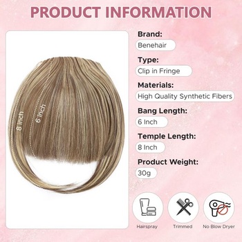 Benehair Clip-in popredná ofina Francúzska clip-in ofina s spánkami Prírodná umelá ofina pre ženy