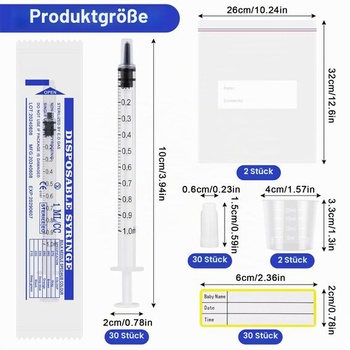 30 striekačiek na mledzivo s uzávermi, 1 ml Sada na odber mledziva, plastová, 30 kusov, 1 ml