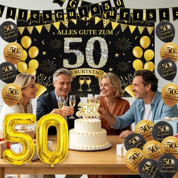 Sada dekorací k 50. narozeninám pro muže a ženy, černo-zlatá – Balónky, 50. narozeniny s pozadím a
