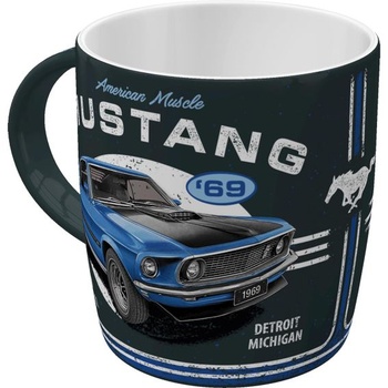 Nostalgický retro hrnček na kávu, 330 ml, Ford Mustang – 1969 Mach 1 modrý – tip na darček pre