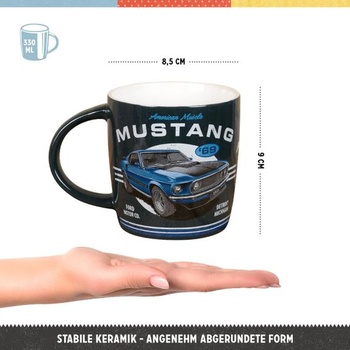 Nostalgický retro hrnček na kávu, 330 ml, Ford Mustang – 1969 Mach 1 modrý – tip na darček pre