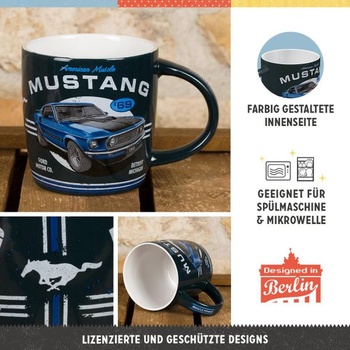 Nostalgický retro hrnček na kávu, 330 ml, Ford Mustang – 1969 Mach 1 modrý – tip na darček pre