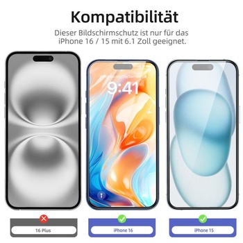 Ochranná fólie na displej NEW'C pro iPhone 16, iPhone 15, tvrzené sklo s instalační pomůckou,