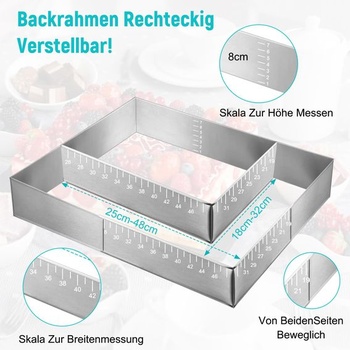 Obdélníkový nastavitelný pečící rám (výška 8 cm, šířka 18–32 cm x délka 25–48 cm)