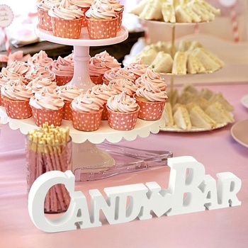 Dekorácia na ceduľu s cukríkmi, drevený nápis na candy bar, biely
