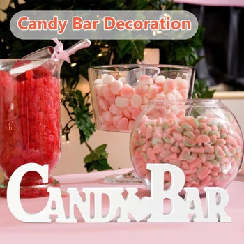 Dekorácia na ceduľu s cukríkmi, drevený nápis na candy bar, biely