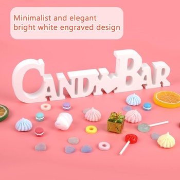 Dekorácia na ceduľu s cukríkmi, drevený nápis na candy bar, biely