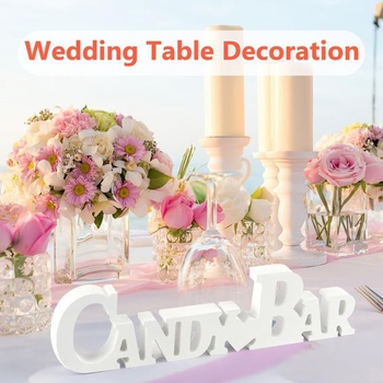 Dekorácia na ceduľu s cukríkmi, drevený nápis na candy bar, biely