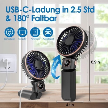 Prenosný ručný ventilátor BEYYON, 3v1 USB ventilátor, tichý mini ventilátor s LED displejom, 6