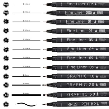 Fixky EYEYE, čierna mikrofixka, tenký liner, 12 kusov, 0,15–3,0 mm