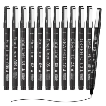 Fixky EYEYE, černá mikrofixka, tenký liner, 12 kusů, 0,15–3,0 mm
