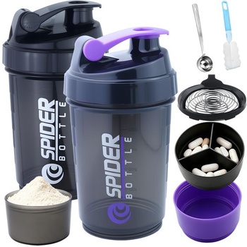 Proteínový šejker 550 ml, nepriepustný šejker 2 ks, čierny/fialový